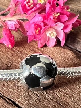 Authentic Pandora Black Enamel Soccer Football Ball Charm in Silver Sports Bead